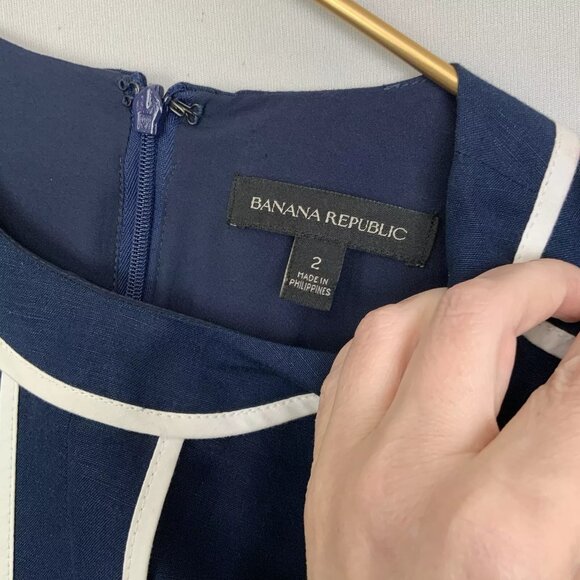 Banana Republic Sz 2 Navy Blue White Trim Linen Short Sleeved Shift Dress Mod - Picture 6 of 7